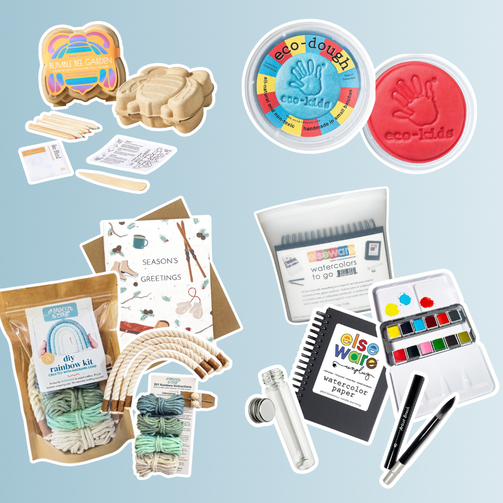 A collage of creative, non-toxic kidsâ craft items on a light blue background, including Elseware Unplugged eco play dough, a Bumble Bee Garden seed craft kit, a DIY rainbow craft kit with yarn, an Elseware watercolor set with brushes and paper, and a âSeasonâs Greetingsâ holiday card with illustrated winter accessories.