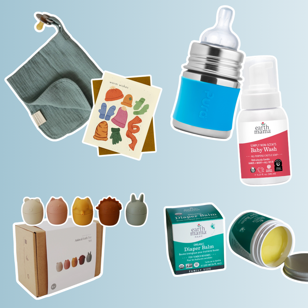 A collage of non-toxic baby products on a light blue background, including a soft blue muslin lovey, a “warm wishes” greeting card with illustrated winter accessories, a Pura stainless steel baby bottle with a blue sleeve, Earth Mama baby wash and diaper balm, a set of silicone animal bath toys, and an open tin of yellow balm.