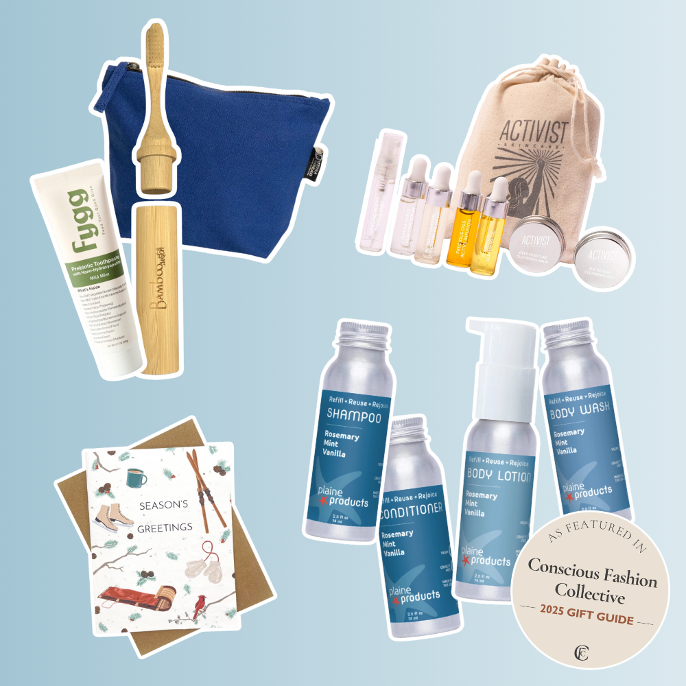 A collage of non-toxic travel essentials on a light blue background, including a blue toiletry bag, Fygg probiotic toothpaste, a bamboo toothbrush, a Plaine Products travel set with shampoo, conditioner, body wash, and lotion, an Activist Skincare travel kit with mini bottles and tins, and a “Season’s Greetings” holiday card with illustrated winter items.