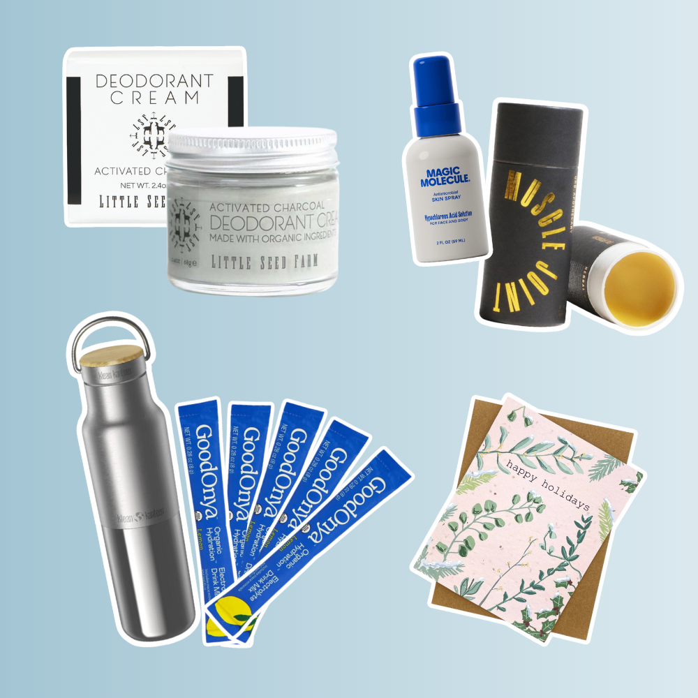 A collage of creative, non-toxic kids’ craft items on a light blue background, including Little Larch plant-based play dough, a Bumble Bee Garden seed craft kit, a DIY rainbow craft kit with yarn, an Elseware watercolor set with brushes and paper, and a “Season’s Greetings” holiday card with illustrated winter accessories.